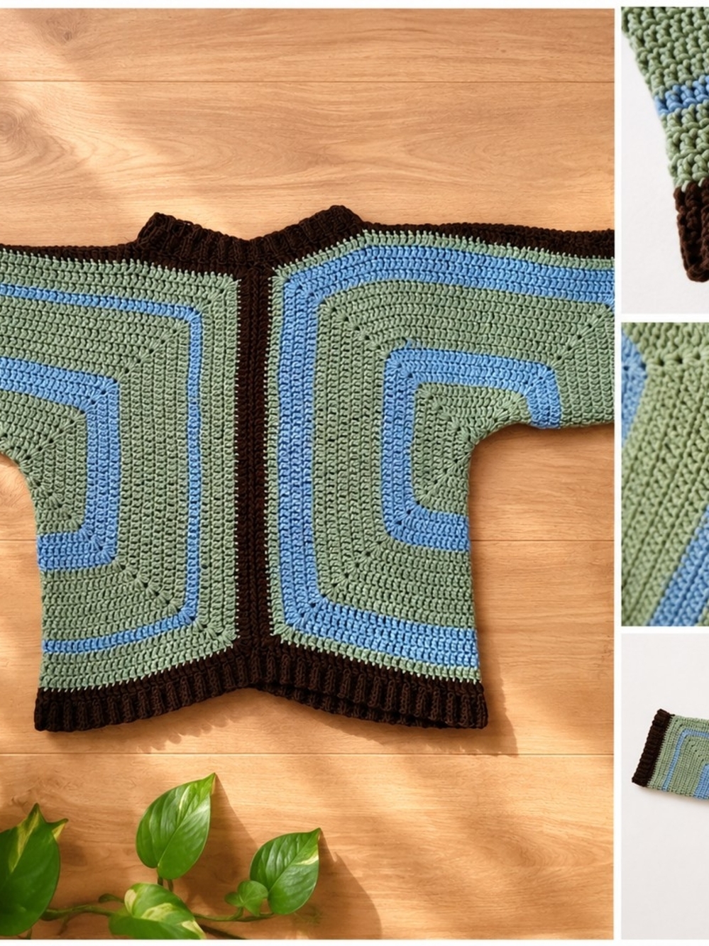 Handmade Crochet Boxy Cardigan - Green, Blue & Brown